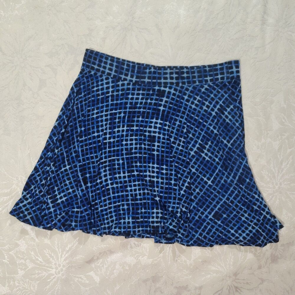 Forever 21 Mini Skirt Blue & Black Grid Print Flared Pull On Skater Size Small